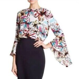 NEW Retro‎ Catherine Malandrino Pink Blue Floral Bell Sleeve Blouse size XL